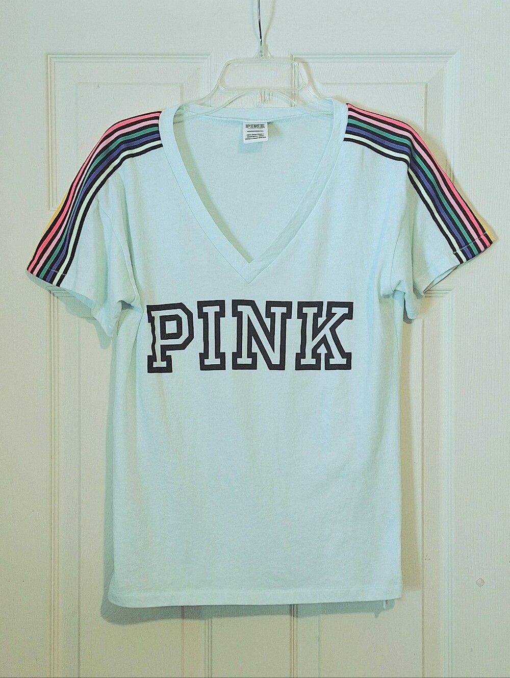 Victoria's Secret PINK pastel MINT GREEN t-shirt, rainbow varsity stripe, XS
